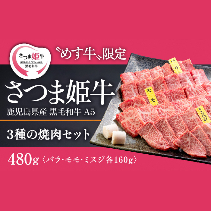 爆買い新作 鹿児島県産黒毛和牛A5等級 さつま姫牛3種の焼肉セット バラ モモ ミスジ 計480g 各160g SQF の認証を取得し  世界基準に基づく安全 安心な商品 fucoa.cl