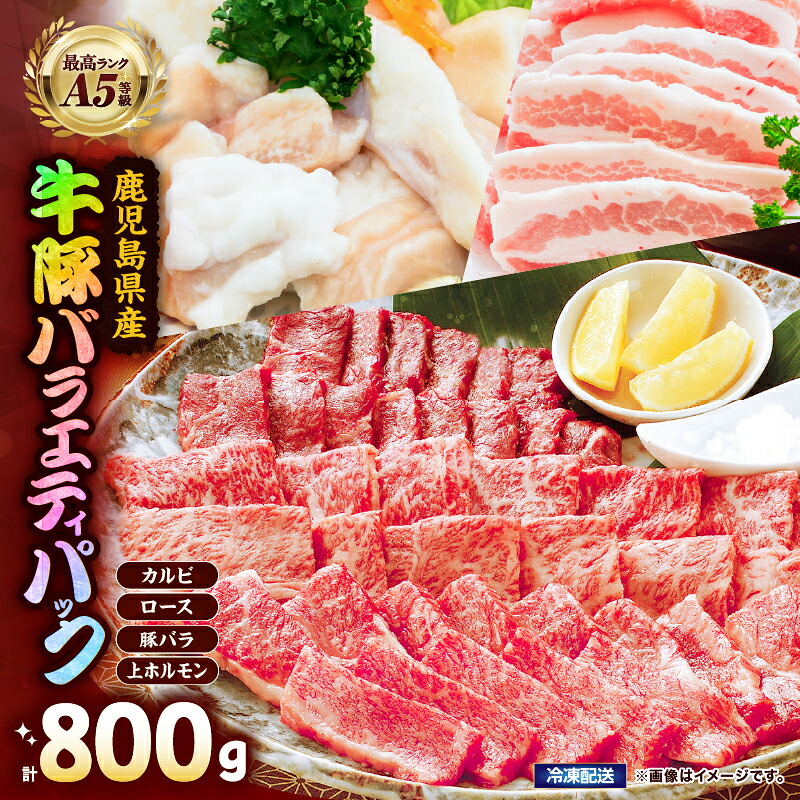 【ふるさと納税】 A5等級黒毛和牛＆鹿児島県産豚焼肉バラエティパック 800g 国産 鹿児島県産 牛 牛肉 黒毛和牛 豚 豚肉 カルビ ロース 豚バラ ホルモン 冷凍【カミチク】