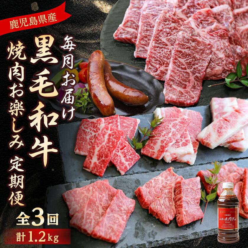 【ふるさと納税】【毎月定期便】黒毛和牛焼肉お楽しみ定期便1.2kg(枕崎市) DD0-0029 全3回_ 肉 牛肉 黒毛和牛 赤身 定期便 鹿児島県 枕崎 霜降り はらみ フランクフルト A5 冷凍 人気 おすすめ 送料無料 【配送不可地域：離島】【4072115】 26,000円