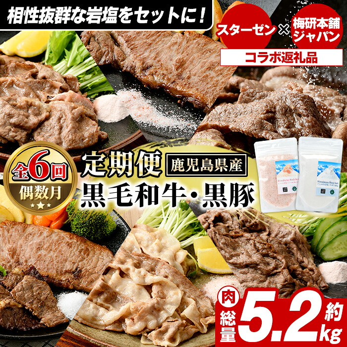 【ふるさと納税】＜定期便・全6回＞岩塩付き！鹿児島県産黒毛和牛・黒豚定期便 (肉：総量約5.2kg/岩塩：600g) 国産 九州産 鹿児島産 牛肉 国産牛 豚肉 セット サーロイン ステーキ 切り落とし 切落し コラボ ピンク 岩塩【スターゼン&times;梅研本舗ジャパン】akn501-04｜鹿児島県阿久根市