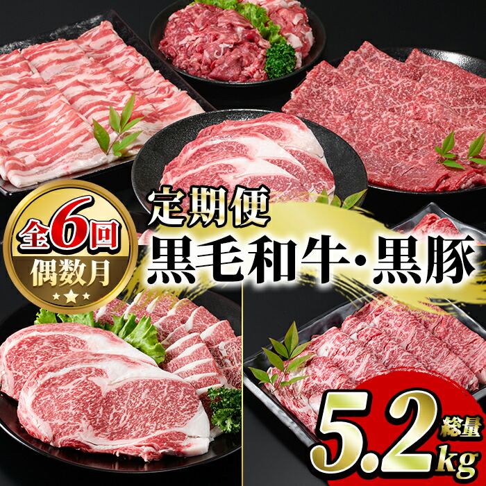 【ふるさと納税】＼高評価★4.67獲得！／＜定期便・全6回(偶数月)＞鹿児島県産黒毛和牛・黒豚定期便(総量約5.2kg)国産 九州産 鹿児島産 牛肉 国産牛 豚肉 セット サーロイン ステーキ 切り落とし 切落し コンシェルジュ 【スターゼン】a-120-1-z
