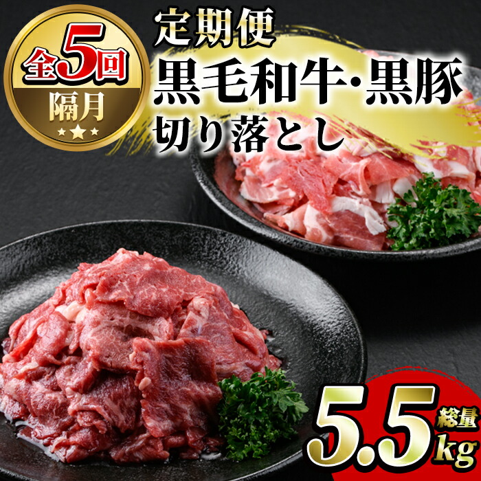 【ふるさと納税】＜定期便・全5回(隔月)＞鹿児島県産黒毛和牛・黒豚切り落とし定期便(総量5.5kg)国産 九州産 鹿児島産 牛肉 豚肉 国産牛 切り落とし 切落し 赤身 小分け 頒布会【スターゼン】a-66-3-z