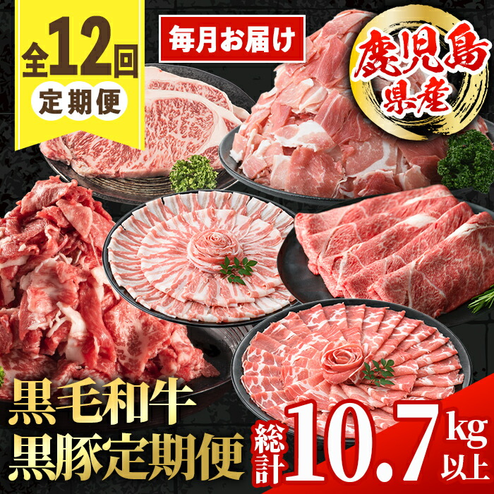 【ふるさと納税】＜定期便・計12回(連続)＞鹿児島県産 黒毛和牛 黒豚 定期便 (総計約10.7kg以上) コンシェルジュ 国産 九州産 鹿児島産 黒毛和牛 牛肉 国産牛 黒豚 豚肉 サーロイン ステーキ 切り落とし 切落し しゃぶしゃぶ すき焼き 定期便 12回 冷凍配送 【スターゼン】