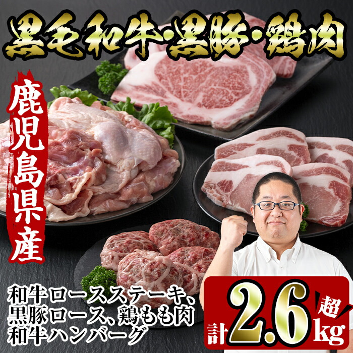 【ふるさと納税】鹿児島を味わえる牛豚鶏セット計2.6kg超(鹿児島県産黒毛和牛ロースステーキ200g、黒豚ロース400g(100g×4枚)、鶏もも肉2kg、和牛ハンバーグの4種) 牛肉 豚肉 鶏肉 国産 黒毛和牛 黒豚 モモ肉 ハンバーグ 詰め合わせ セット 鉄板料理 【スーパーよしだ】
