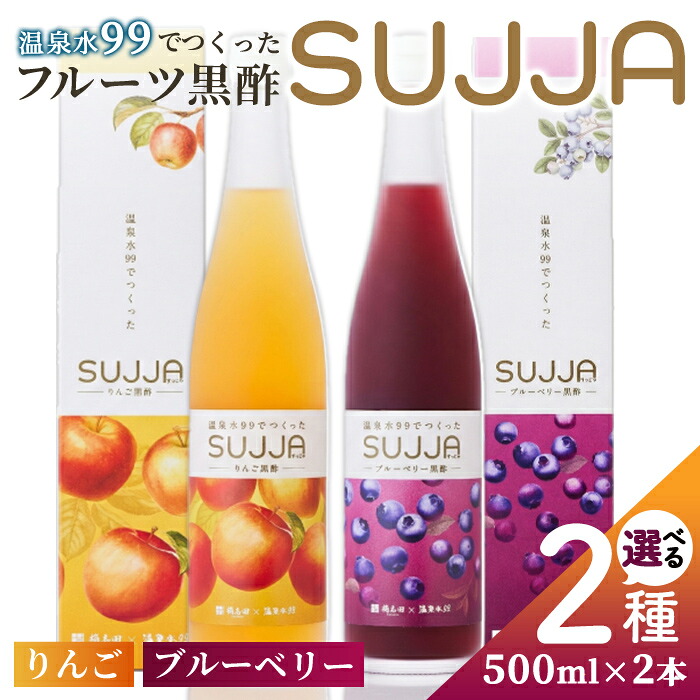 【ふるさと納税】【組み合わせが選べる】SUJJA 生フルーツ黒酢2本セット＜りんご・ブルーベリー＞(500ml&times;2本) 温泉水99 国産 桷志田 熟成 有機黒酢 アミノ酸 炭酸割り 水割り 牛乳割り ヨーグルトソース ミネラル フルーティー 健康志向 健康習慣 美容【エスオーシー】｜鹿児島県垂水市