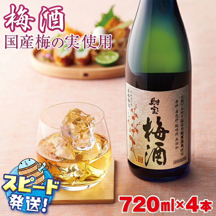 【ふるさと納税】 梅酒 4本セット 国産梅 国産はちみつ 使用 濃厚な味わい 4合瓶 720ml アルコール 12度 天然アルカリ温泉水 財寶温泉 本格梅酒 梅の実 蜂蜜 完熟梅 熟成 ストレート ロック 炭酸割り お酒 果実 すぐ届く【財宝】 A1-22454