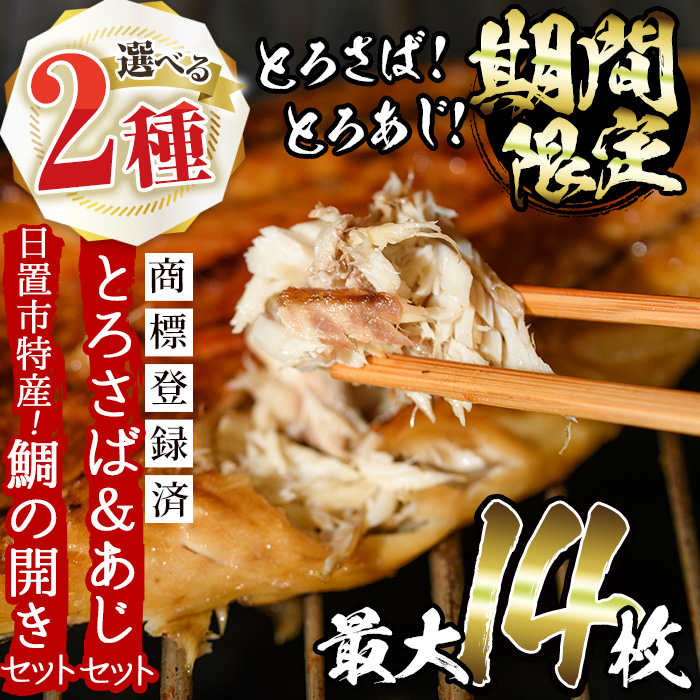 【ふるさと納税】＜2種から選べる！＞要望の多かった「とろさば＆とろあじ開き」限定セット(最大14枚)と日置市特産！たいの開きセット(5枚) 干物 あじ アジ トロサバ トロあじ タイ 鯛 ひもの 魚介類 魚 個包装 お祝い 楽天限定 人気 ランキング 日置市【みのだ食品】