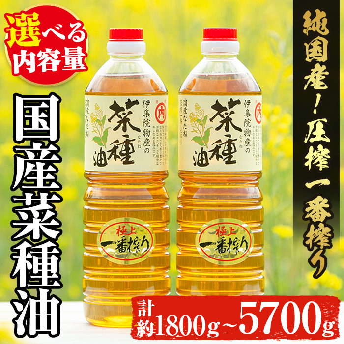 【ふるさと納税】《数量限定》選べる4タイプ！国産菜種油(計約1800g～5700g) 国産 九州 鹿児島 油 あぶら ナタネ油 なたね油 調味油 オイル 菜種 一番搾り【伊集院物産】