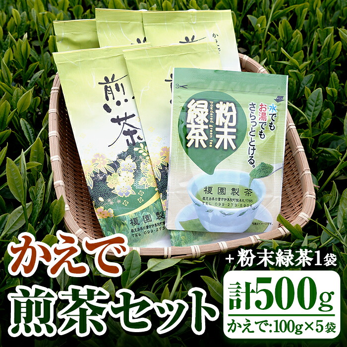 【ふるさと納税】鹿児島県産の煎茶セット「かえで」かえで(100g×5袋)と粉末緑茶(1袋)【世献 榎園製茶】