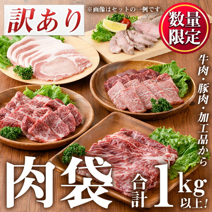 【ふるさと納税】＜訳あり・賞味期限間近＞お肉屋の肉袋！お楽しみ福袋(合計1kg以上！)国産 九州産 牛肉 黒毛和牛 和牛 豚肉 加工品 焼肉 焼き肉 スライス ステーキ ホルモン しゃぶしゃぶ 焼肉 食べ比べ セット キャンプ BBQ 訳あり 訳アリ 冷凍 福袋【カミチク】
