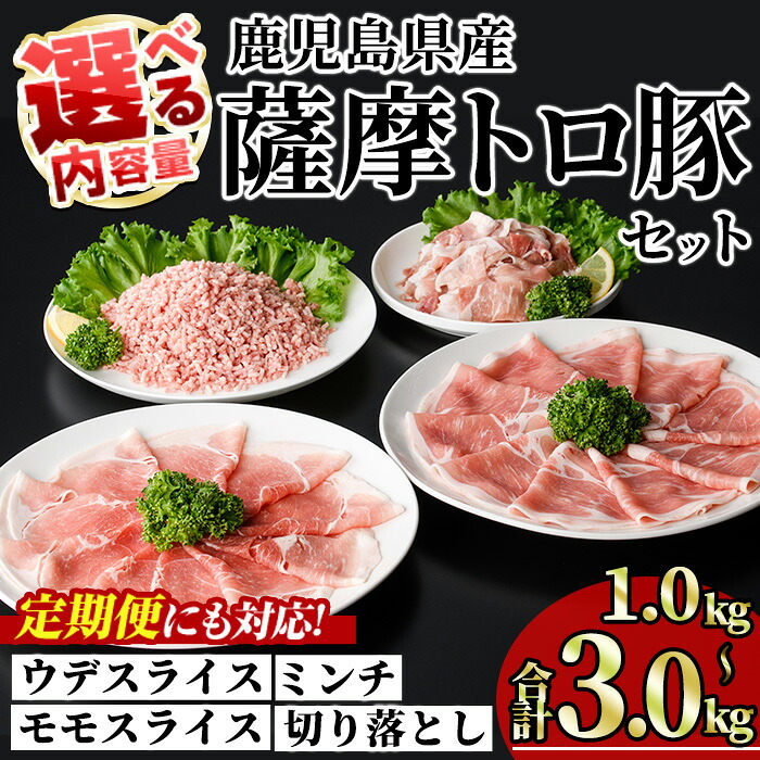 【ふるさと納税】＜内容量・回数が選べる！＞鹿児島県産薩摩トロ豚モリモリおためしパック(合計1kg～3kg / 定期便 全3・6・12回 計3kg～12kg) 国産 鹿児島県産 豚 豚肉 小分け 冷凍 スライス 4種 セット 食べ比べ ひき肉 ミンチ モモ ウデ 切り落とし 定期便【KNOT】｜鹿児島県曽於市
