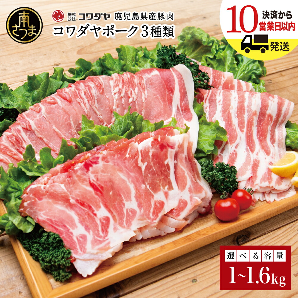 【ふるさと納税】鹿児島産 豚肉3種 計1kg～1.6kg（バラ/肩ロースしゃぶしゃぶ/ロース生姜焼き）★容量が選べる★[最短発送] コワダヤポーク 定期配送 国産 鹿児島県産 豚肉 お取り寄せ かごしま グルメ 鍋 鹿児島県 南さつま市 株式会社コワダヤ 送料無料｜鹿児島県南さつま市