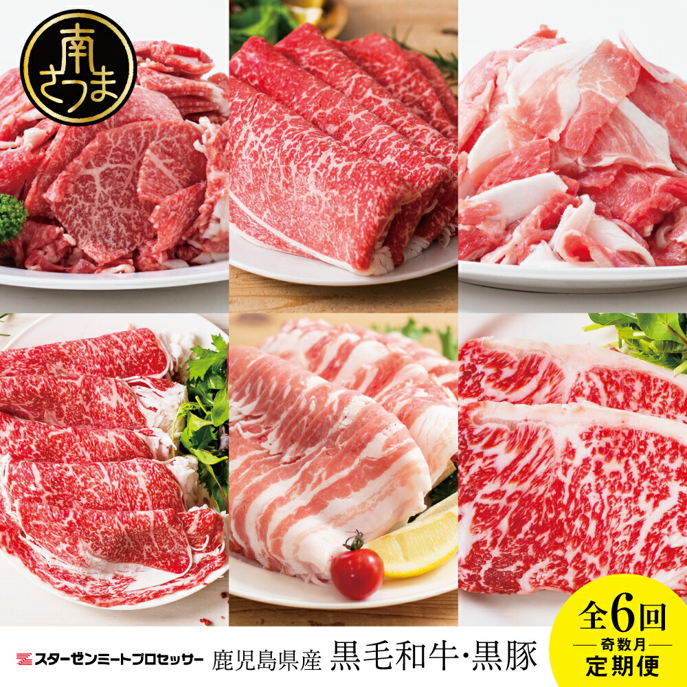 【ふるさと納税】黒毛和牛・黒豚定期便（全6回）- 国産 黒毛和牛（ローススライス / サーロインステーキ カルビ / 切り落とし / ももスライス）鹿児島県産 黒豚 (切り落とし/しゃぶしゃぶ) 送料無料 【2019年度 ふるさと納税 寄附額 鹿児島県1位 南さつま市】