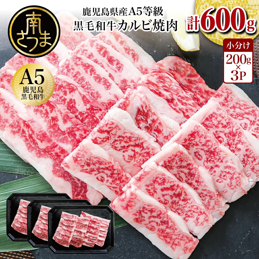 【ふるさと納税】【鹿児島県産】A5等級黒毛和牛 カルビ焼肉 計600g（200g&times;3P） 国産牛 牛肉 国産 焼き肉 カミチク BBQ バーベキュー アウトドア バラ 丼 プレート 小分けパック 冷凍【2019年度ふるさと納税寄附額鹿児島県1位！南さつま市】｜鹿児島県南さつま市