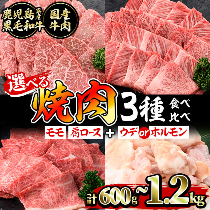 【ふるさと納税】【部位・内容量が選べる】鹿児島県産黒毛和牛＆国産牛 焼肉3種(モモ・肩ロース＆ウデorホルモン)食べ比べセット＜計600g～1.2kg＞ 牛肉 肉 焼肉 セット 焼肉セット 焼き肉 小分け 食べ比べ 赤身 霜降り ホルモン やきにく BBQ 【ナンチク】
