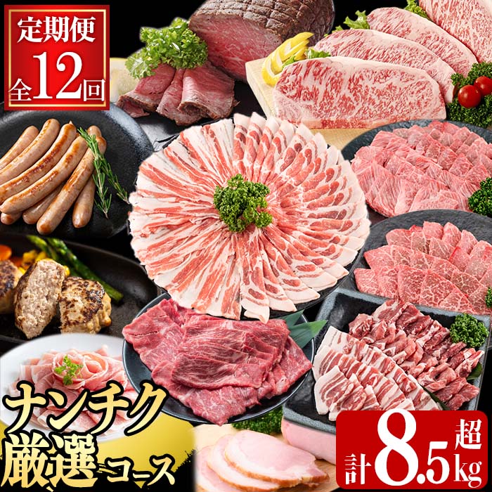 【ふるさと納税】【定期便・全12回】ナンチクのお肉を楽しむ定期便！ナンチク厳選コース！ 総量8.5kg超! 牛肉 豚肉 鹿児島県産 国産 黒毛和牛 ステーキ すきやき しゃぶしゃぶ 焼肉 BBQ ウインナー ソーセージ ハム ローストビーフ 生ハム 定期便 【ナンチク】t0165-002｜鹿児島県志布志市
