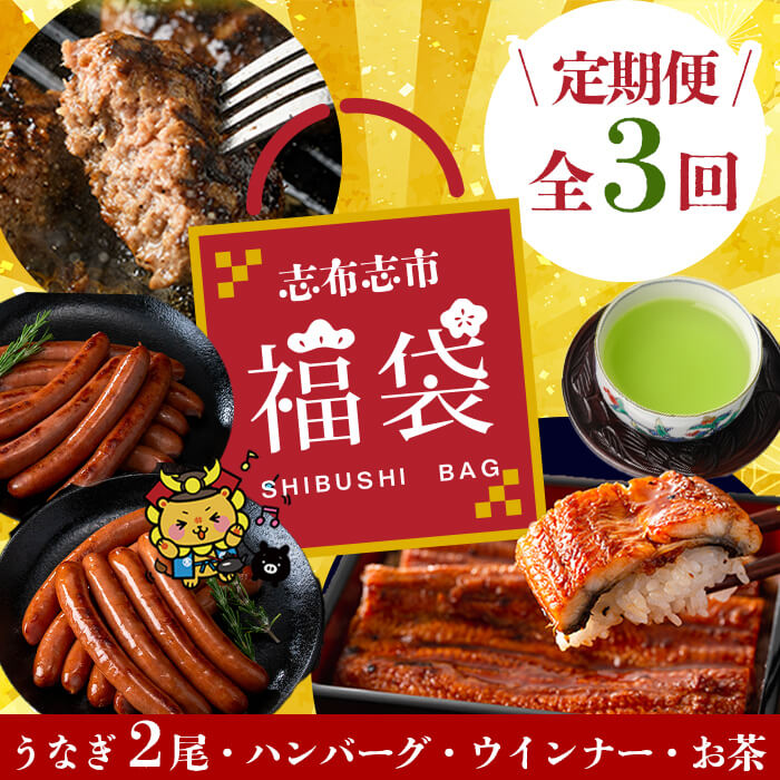 【ふるさと納税】【定期便全３回】志布志市福袋！鰻とお肉のおかず(名水慈鰻2尾＆里山牛ハンバーグ4個＆黒豚MEGUMIウインナー2P＆お茶セット 総計約3kg) うなぎ 鰻 蒲焼き 鹿児島 ハンバーグ 冷凍 ウインナー 黒豚 緑茶 【志布志市観光特産品協会】 t0084-010