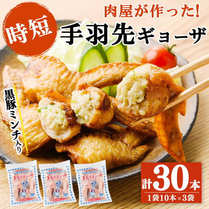 【ふるさと納税】肉屋が作った！手羽先ギョーザ 計30本(10本&times;3袋) 鶏肉 とり肉 鳥肉 手羽先 黒豚 手羽餃子 餃子 ぎょうざ 手羽ぎょうざ 保存 唐揚げ おかず お弁当 時短 簡単調理 冷凍【ニクノアーリー】a3-215｜鹿児島県志布志市