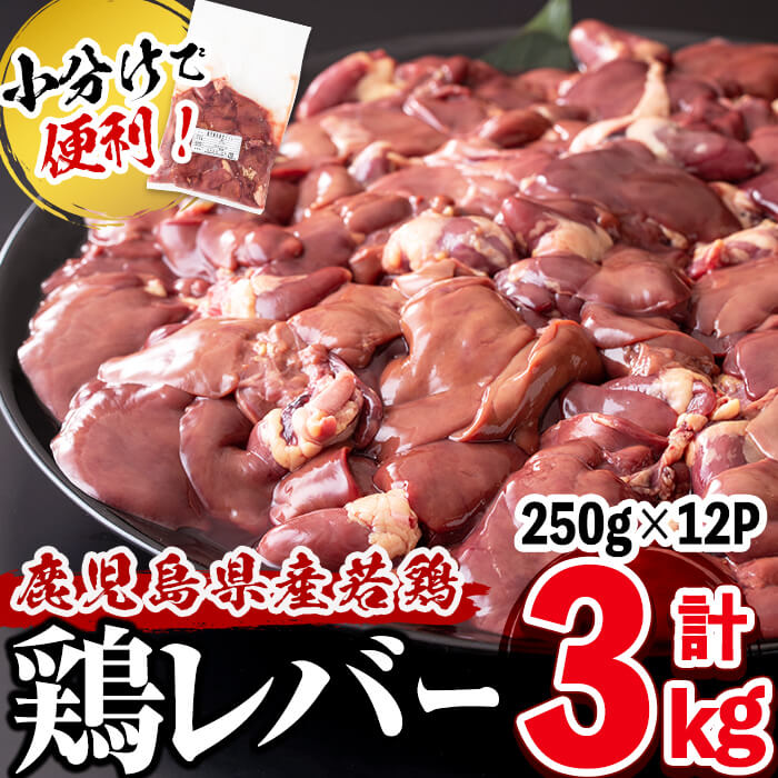 【ふるさと納税】小分けで便利！鹿児島県産鶏レバー 計3kg(250g×12P)！加熱用のレバーを真空パックでお届け！低カロリー、高タンパク質、鉄分豊富でダイエット、貧血予防にも！便利な小分けで保存・解凍しやすい♪レバニラや甘露煮など炒め物や煮込み料理に!【羽根】a0-358