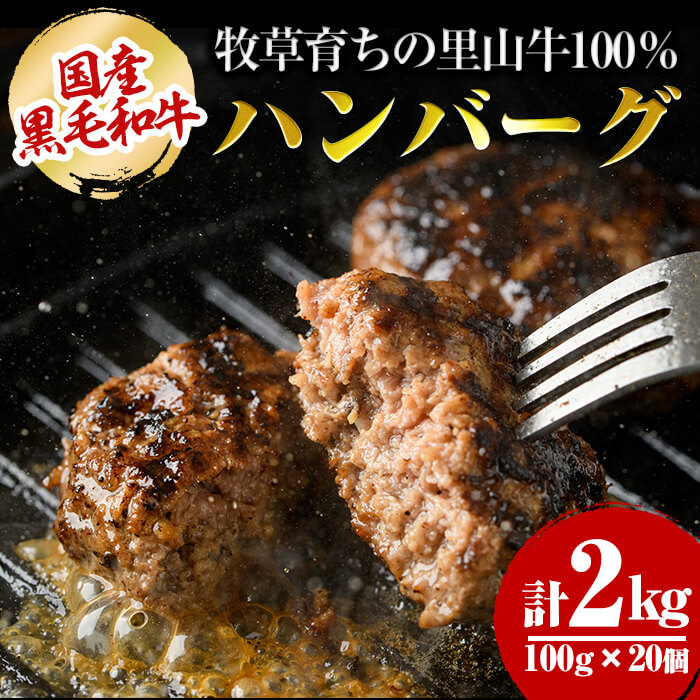 【ふるさと納税】国産黒毛和牛 牧草育ちの里山牛100%使用！手作りハンバーグ 2kg (100g×20個） 黒毛和牛 和牛 肉 牛肉 国産 ハンバーグ 100% 小分け 真空パック【さかうえ】c0-113