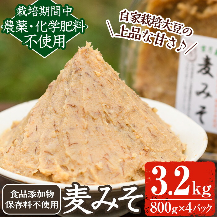 【ふるさと納税】 《添加物不使用》麦みそ(計3.2kg・800g×4パック) 味噌 麦味噌 自家栽培 玄米麹 麹 こうじ みそ汁 味噌汁 野菜炒め 田楽 有機 有機農業 有機肥料【雲月農園】