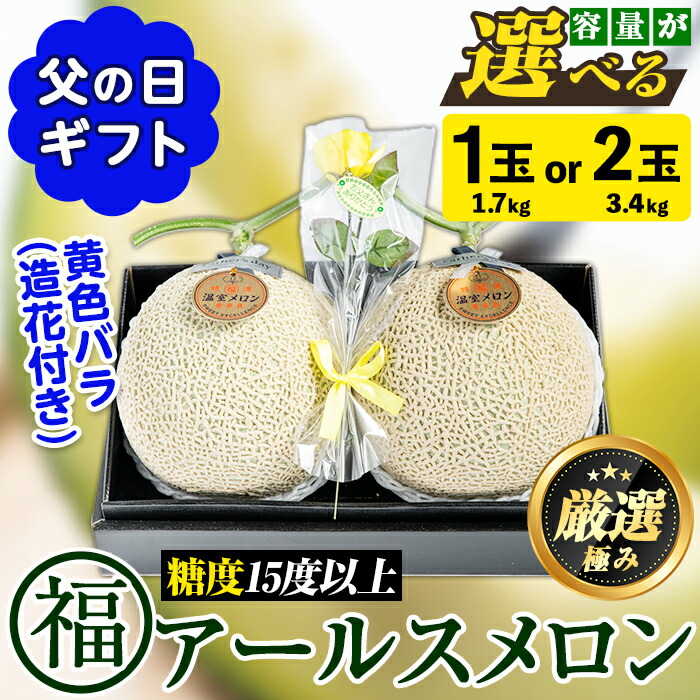 【ふるさと納税】＜容量が選べる！＞＜父の日ギフト・期間限定＞高級アールスメロン(大玉1玉・1.7kg、黄色バラ付(造花)付/大玉2玉・計3.4kg、黄色バラ付(造花)付) メロン フルーツ 果物 果実 1キロ 3キロ 数量限定 期間限定 贈答 贈り物 父の日【マル福園芸組合】