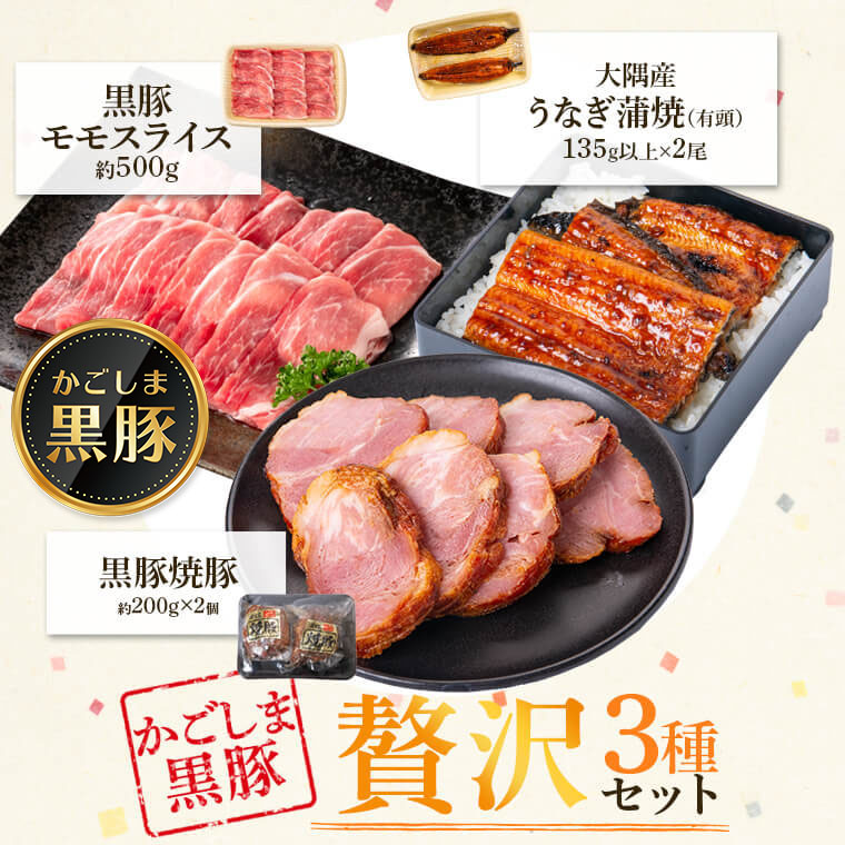 鹿児島県 大隅産 うなぎ 2尾 ・ 黒豚モモスライス ・ 黒豚焼豚 2個 セット 送料 無料