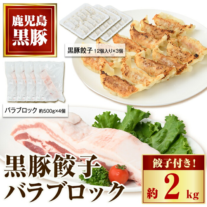 【ふるさと納税】鹿児島県産黒豚バラブロック(計約2kg・約500g×4P)、黒豚餃子(12個入×3P)セット！  鹿児島 国産 九州産 黒豚 豚肉 お肉 バラ ブロック 餃子 ぎょうざ 角煮 焼肉 叉焼 焼豚 チャーシュー おかず 惣菜【和田養豚】