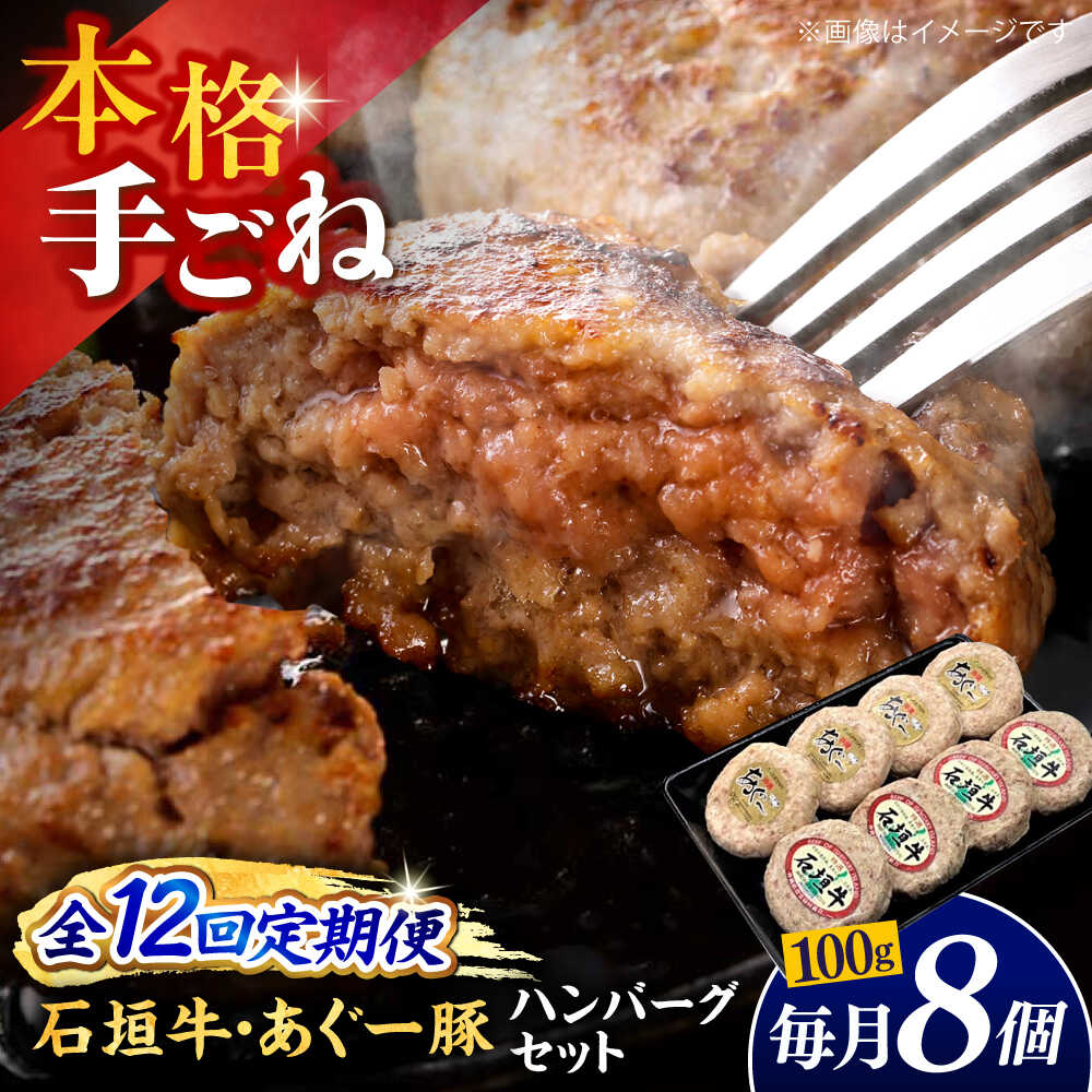 【ふるさと納税】【全12回定期便】沖縄県産 あぐー豚＆石垣牛 ハンバーグセット 800g (100g×8個) 豚 牛 ハンバーグ 冷凍 ギフト お取り寄せ 沖縄市 / お肉屋本店[BCAZ017]