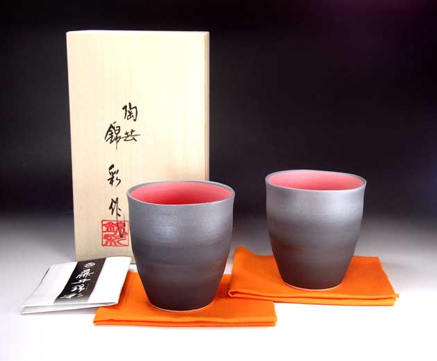 有田焼 陶器焼酎グラス・ロックグラス窯変金プラチナ彩波渕焼酎カップペアセット 陶芸作家 藤井錦彩 作