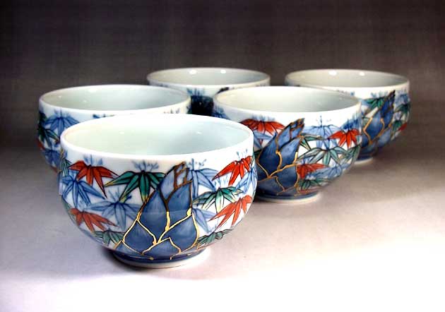有田焼 染錦金彩竹景図汲出揃 陶器作り書き手 藤井錦彩 作 茶道具・湯呑・急須-湯呑み