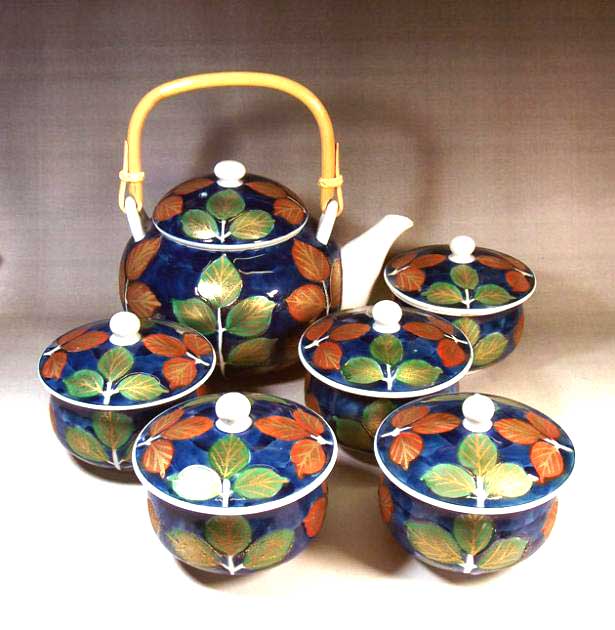 有田焼 染錦金彩葉っぱ文様茶器揃 陶器作り絵書き 藤井錦彩 作