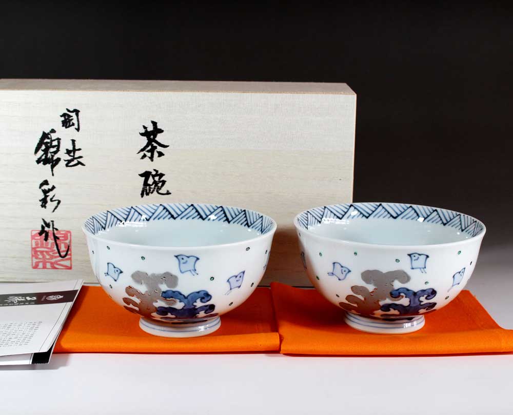 有田焼・伝統工芸・総手描き染錦プラチナ彩千鳥絵ご飯茶碗ペアセット陶芸作家 藤井錦彩 作｜有田焼陶芸家　藤井錦彩