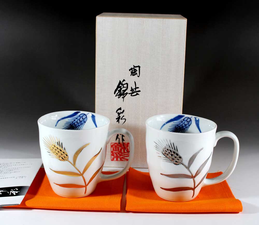 有田焼 言い慣わし芸術金プラチナ彩稲穂絵マグカップペアセット陶物作り文筆家 藤井錦彩