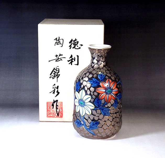 有田焼 染錦プラチナ彩鉄線花絵徳利 陶芸作家 藤井錦彩 作|有田焼陶芸家 藤井錦彩