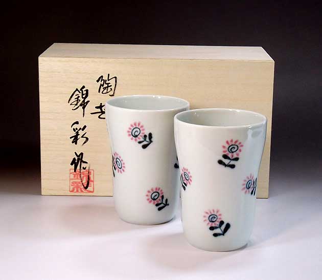 陶器焼酎グラス・ロックグラス有田焼 染錦花絵焼酎カップ・ペア 陶芸作家 藤井錦彩 作|有田焼陶芸家 藤井錦彩