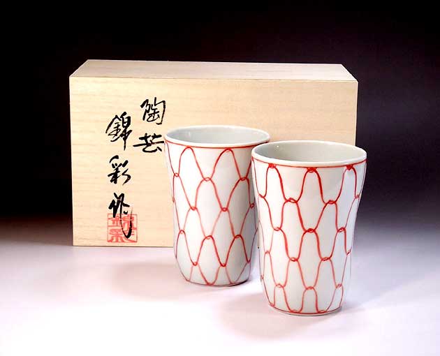 陶器焼酎グラス・ロックグラス有田焼 染錦網目文様焼酎カップ・ペア 陶芸作家 藤井錦彩 作｜有田焼陶芸家　藤井錦彩 10,340円
