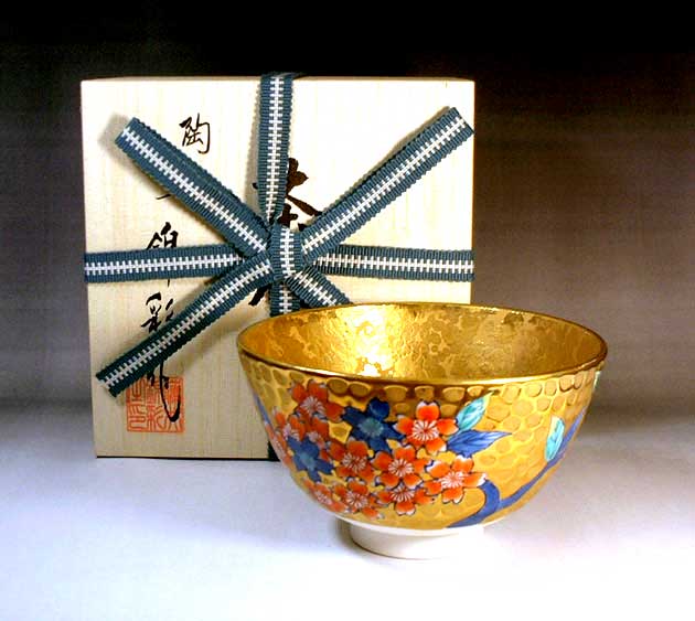 有田焼茶道具染錦先だつもの桜絵抹茶茶碗陶器作り絵書き 藤井錦彩 作