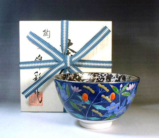 有田焼茶道具染錦プラチナ彩秋野顕花植物文様抹茶茶碗陶器作り絵書き 藤井錦彩 作