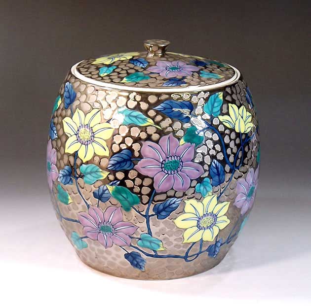 有田焼茶道具染錦プラチナ彩鉄線花絵水指陶器作り絵書き 藤井錦彩 作