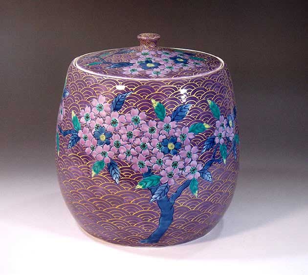 有田焼茶道具染錦金彩桜絵水指陶器作り絵書き 藤井錦彩 作