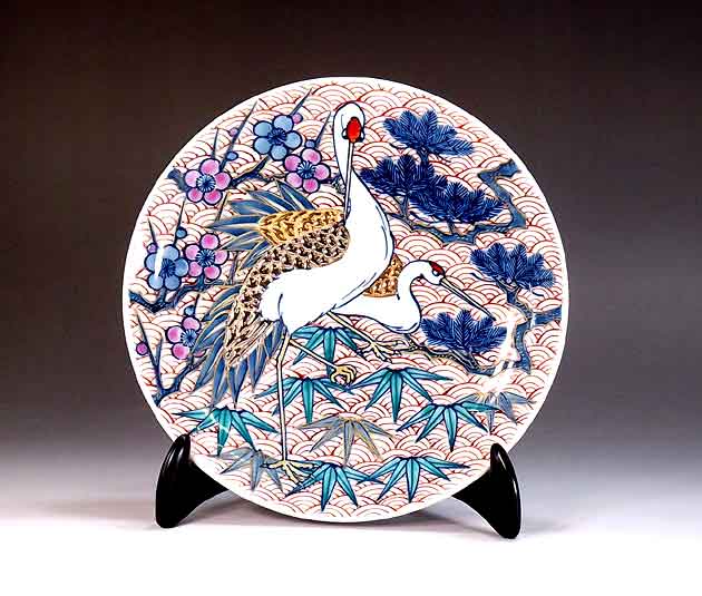 有田焼芸術品染錦金・プラチナ彩松竹梅鶴絵飾りつけ皿陶物作り文筆家 藤井錦彩 作