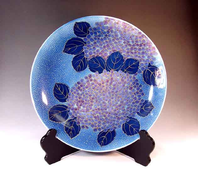 有田焼芸術品染錦金彩釉裏紅アジサイ絵飾りつけお皿陶器作り絵書き 藤井錦彩 作