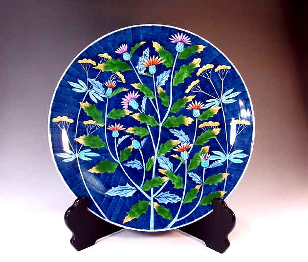 有田焼芸術品染錦薊絵飾りつけお皿陶器作り絵書き 藤井錦彩 作