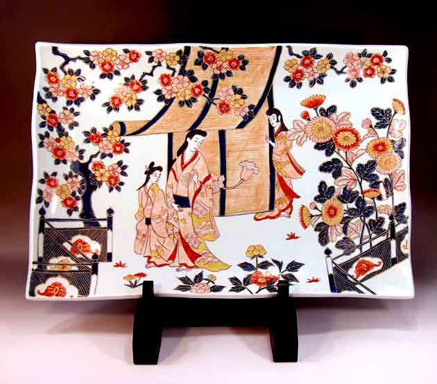 有田焼芸術品倣・古伊万里染錦金彩元禄もの言う花絵飾りつけ角皿陶器作り絵書き 藤井錦彩 作