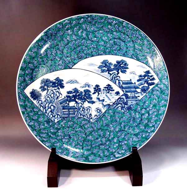 有田焼芸術品染錦唐草割山水絵飾りつけお皿陶器作り絵書き 藤井錦彩 作