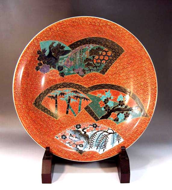 有田焼芸術品染錦金彩花鳥絵飾りつけお皿陶器作り絵書き 藤井錦彩 作