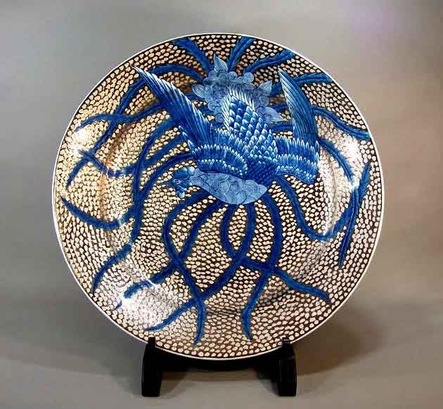 有田焼芸術品染錦プラチナ彩鳳凰絵飾りつけお皿陶器作り絵書き 藤井錦彩 作