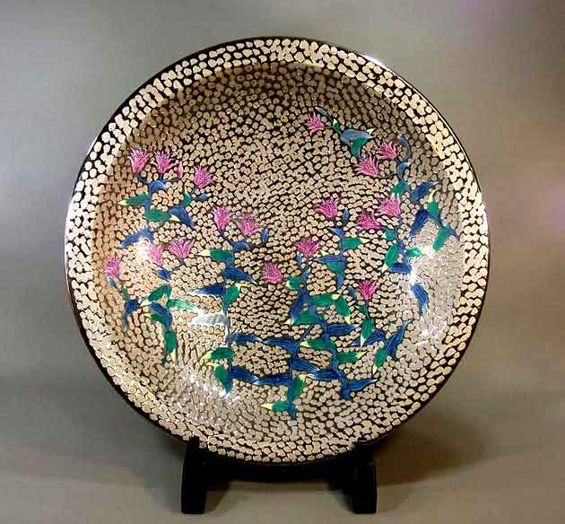 有田焼美術品染錦プラチナ彩不如帰絵飾り大皿陶芸作家 藤井錦彩 作｜有田焼陶芸家　藤井錦彩