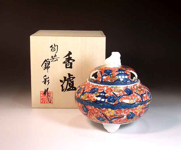 有田焼・伝統工芸染錦金彩楼閣絵香炉陶芸作家 藤井錦彩 作|有田焼陶芸家 藤井錦彩